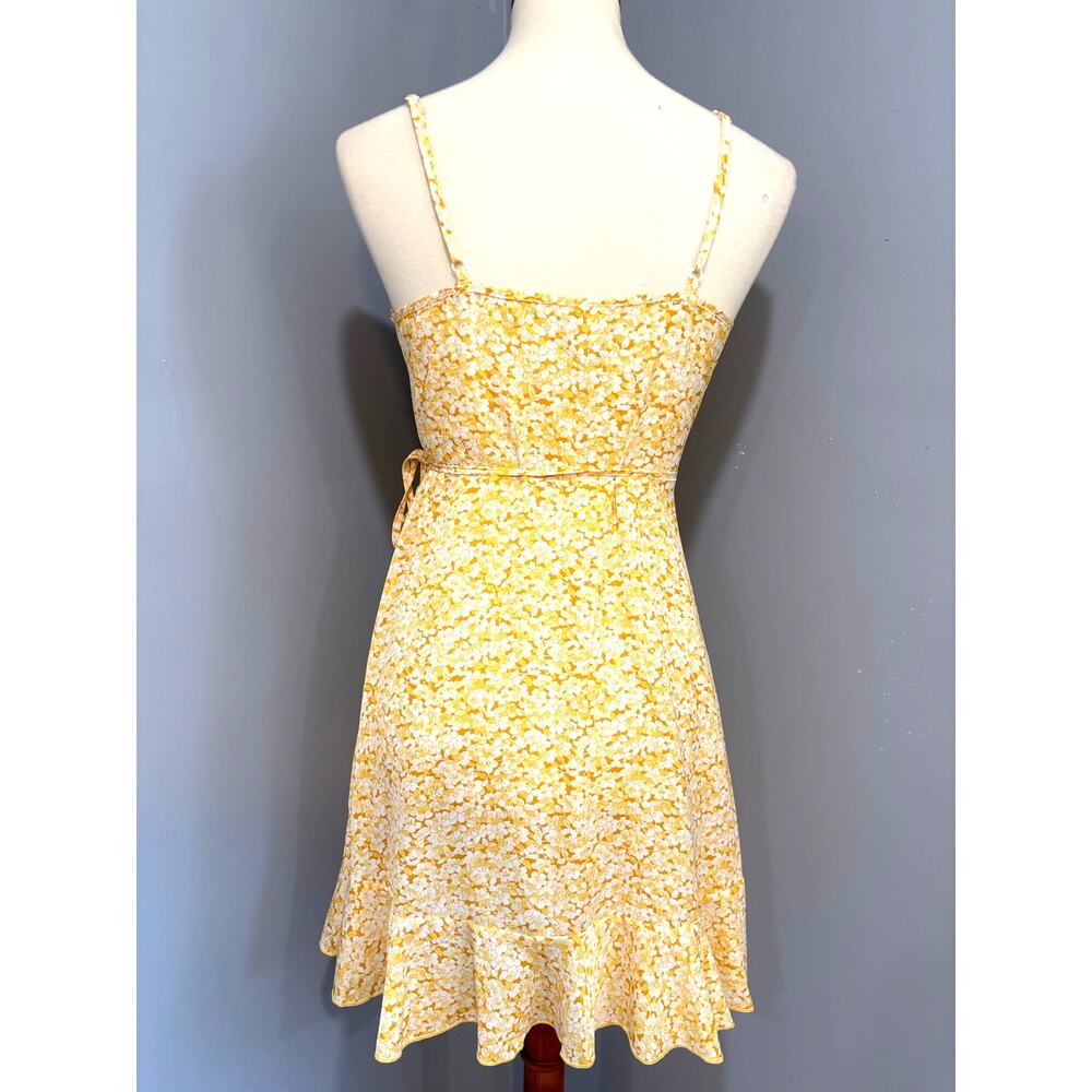 Yellow Floral Ruffle Faux Wrap Mini Dress Spring Summer Brunch Flowy, Size Small - Picture 3 of 9